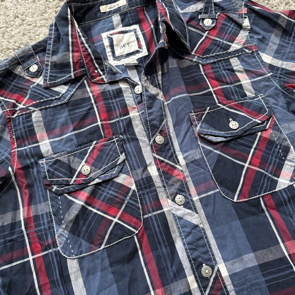 BKE Athletic Fit Men's Plaid Button Up Long Sleeve SZ S Double Chest Pockets - Picture 6 of 12